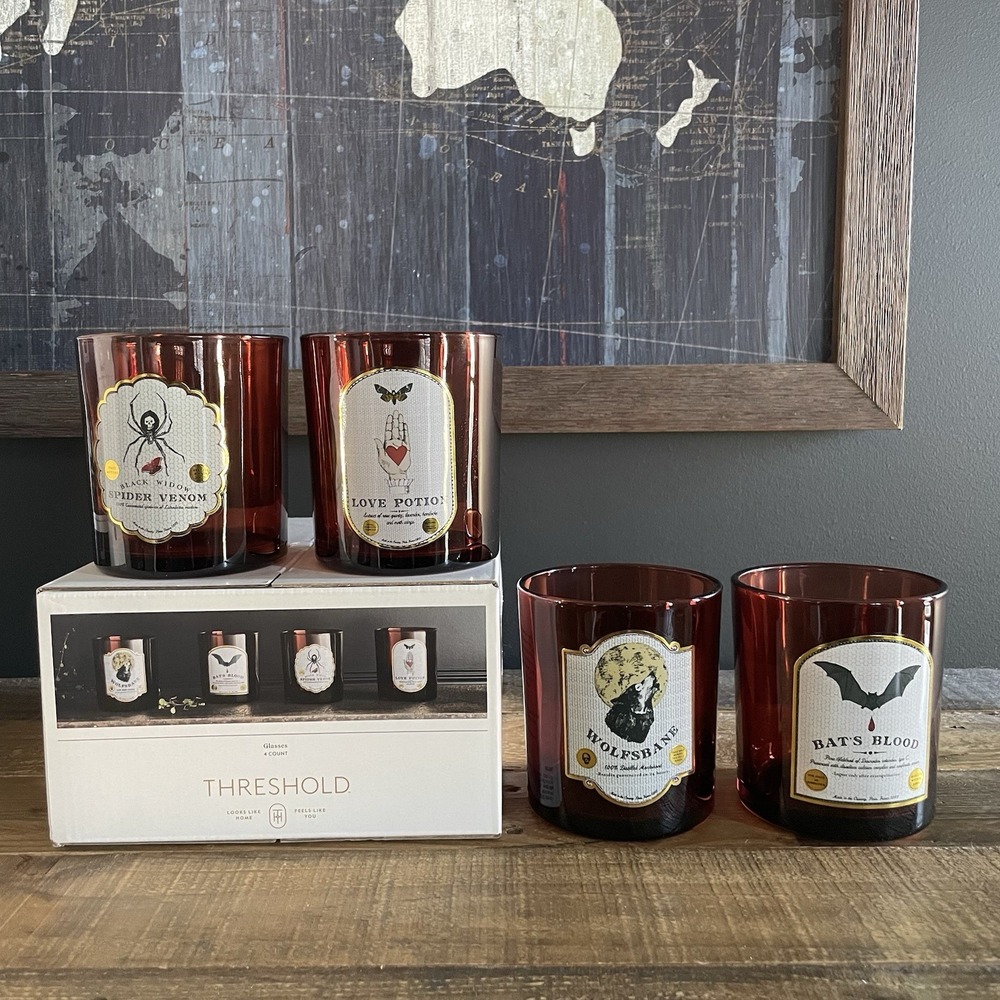 NWT 4pk THRESHOLD Drinking Glasses or Tealight Votive Candle Holders Set Gothic
